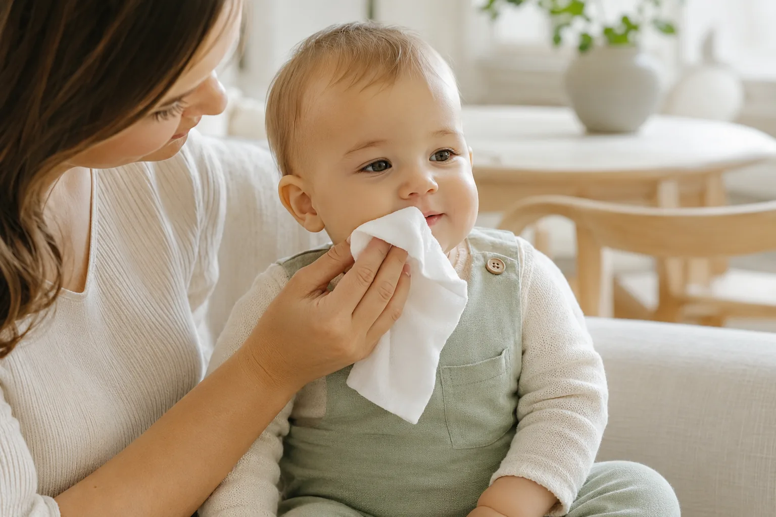 Yüzü ıslak mendille nazikçe silinen bebek